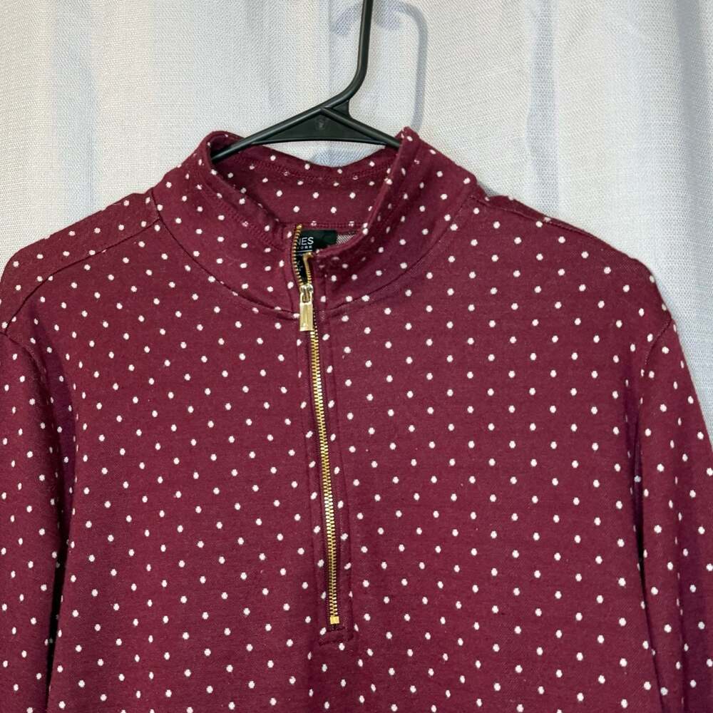 Jones New York Burgundy White Polka Dot Half Zip Funnel Neck Sweatshirt